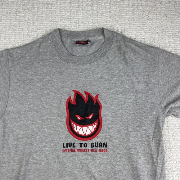 VTG Y2K Spitfire Shirt Mens Size Small Skate Live To Burn Grey T-shirt - Picture 6 of 16